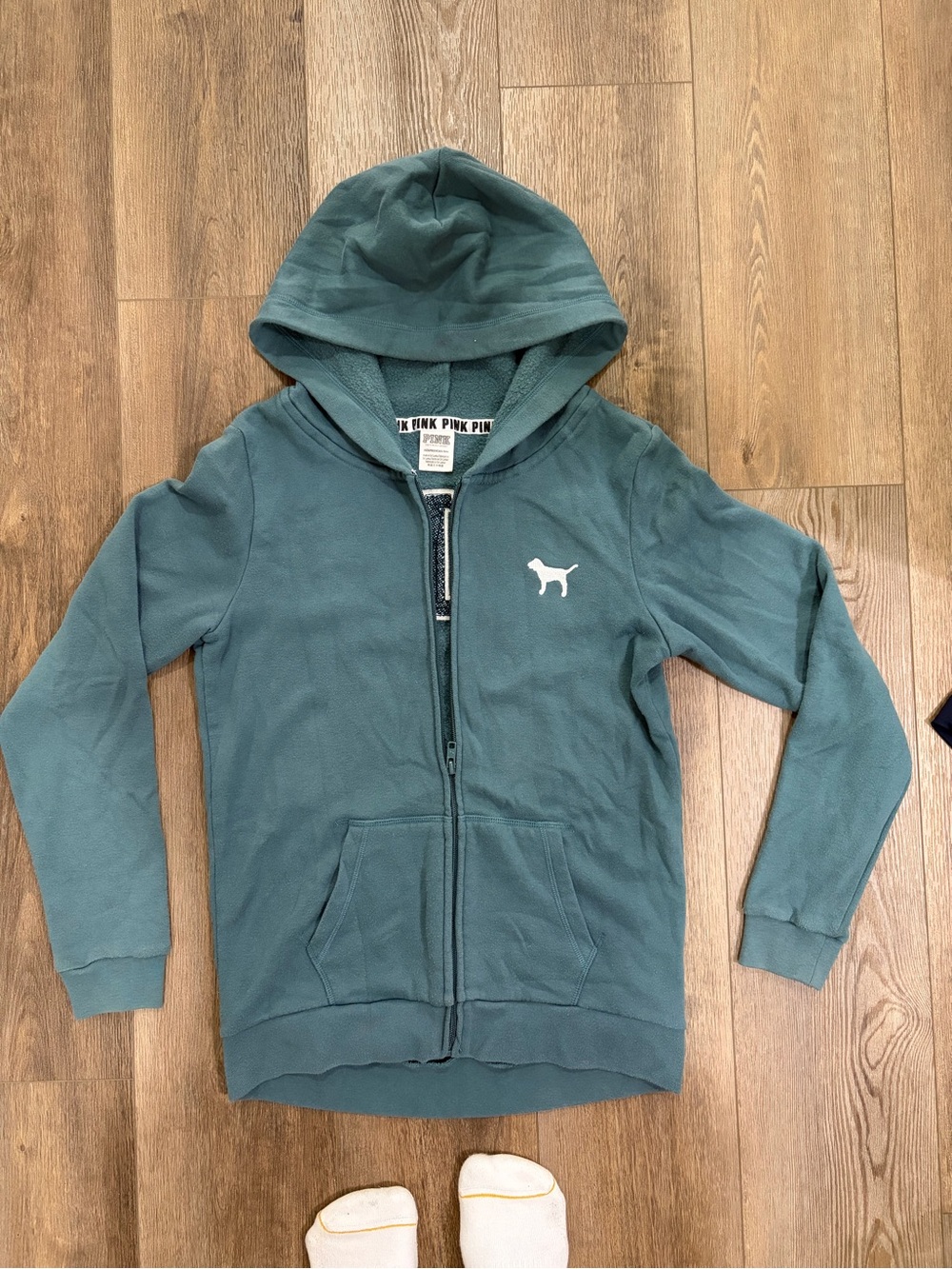 PINK Victoria's Secret Teal Green Zip-Up Hoodie with Dog Logo